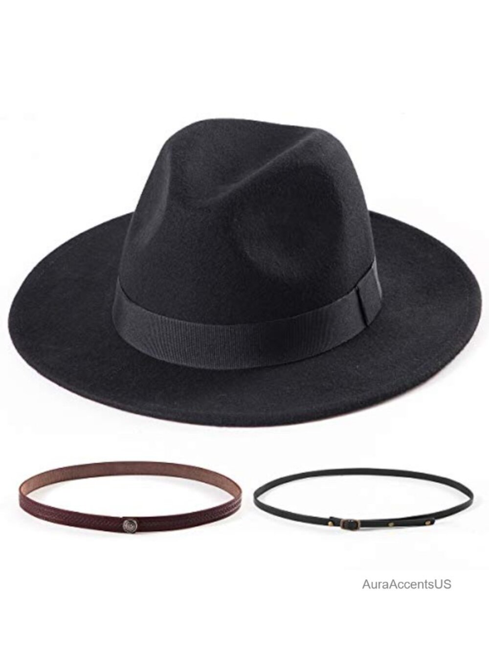 Wool Felt Wide Brim Fedora Hat with Band Belt Buckle Adjustable
